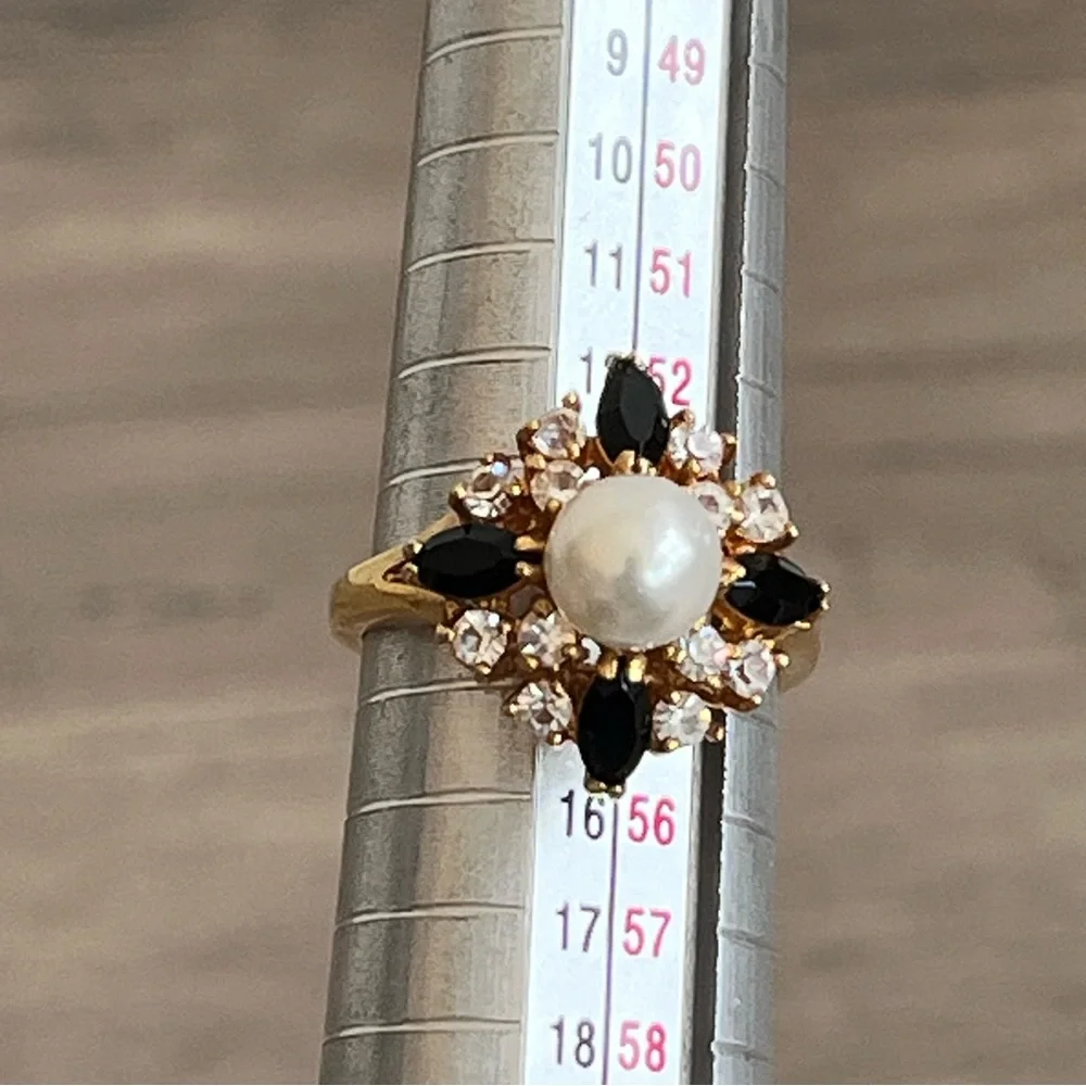 Elegant Pearl, Cubic Zirconia and Black Marquis Multi-Stone Gold Toned Ring